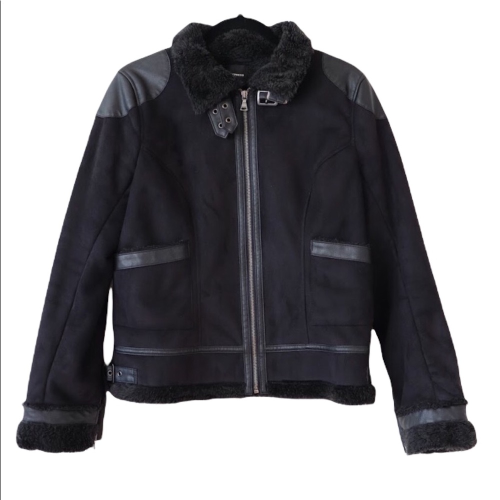 Express Faux Suede Fur Trim Buckle Zip Up Jacket